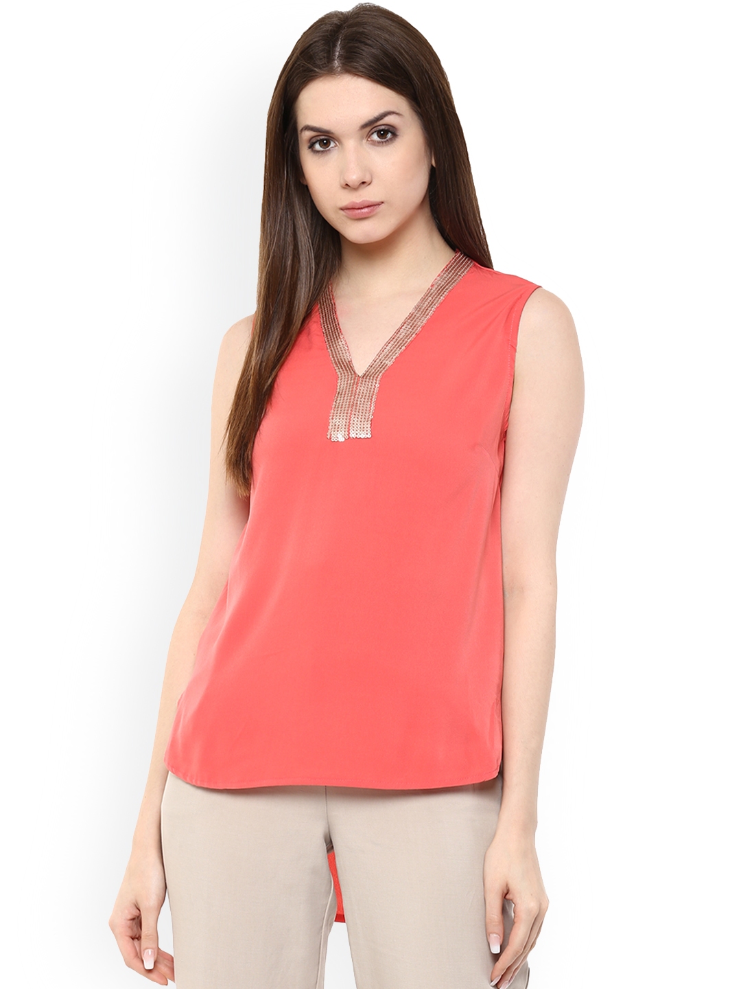 Buy Mayra Women Coral Embellished High Low Longline Top - Tops for ...