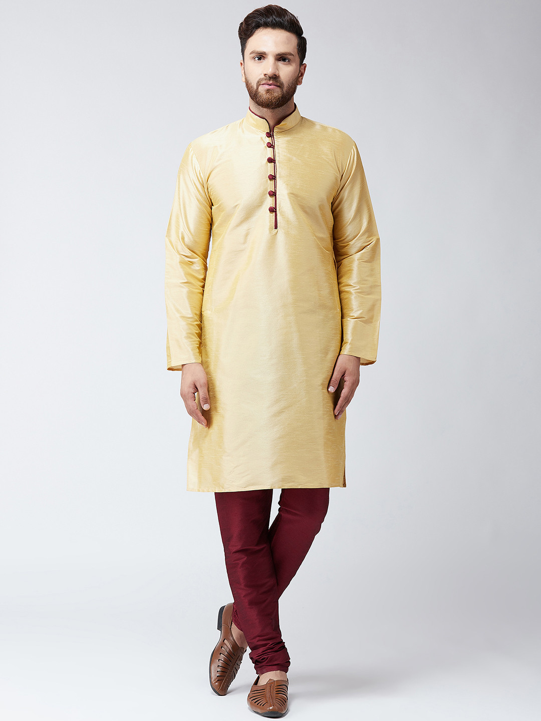 Buy SOJANYA Men Gold Toned & Maroon Solid Kurta With Churidar Kurta