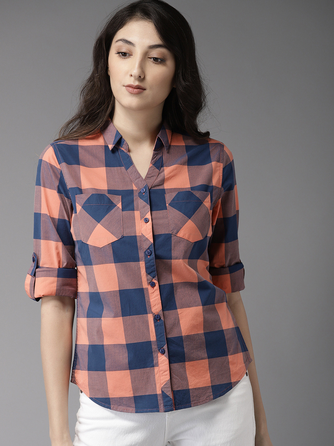 Buy HERE&NOW Women Peach Coloured & Navy Blue Regular Fit Checked Casual Shirt - Shirts for 