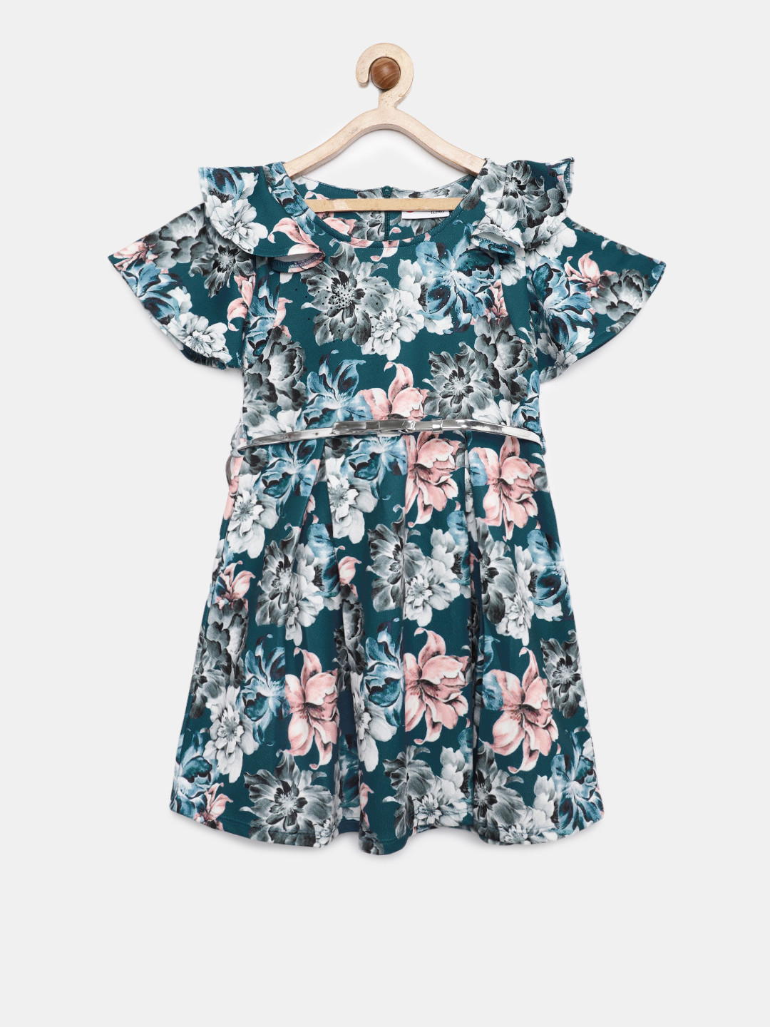 Buy Peppermint Teal Blue Floral Fit And Flare Dress Dresses for Girls