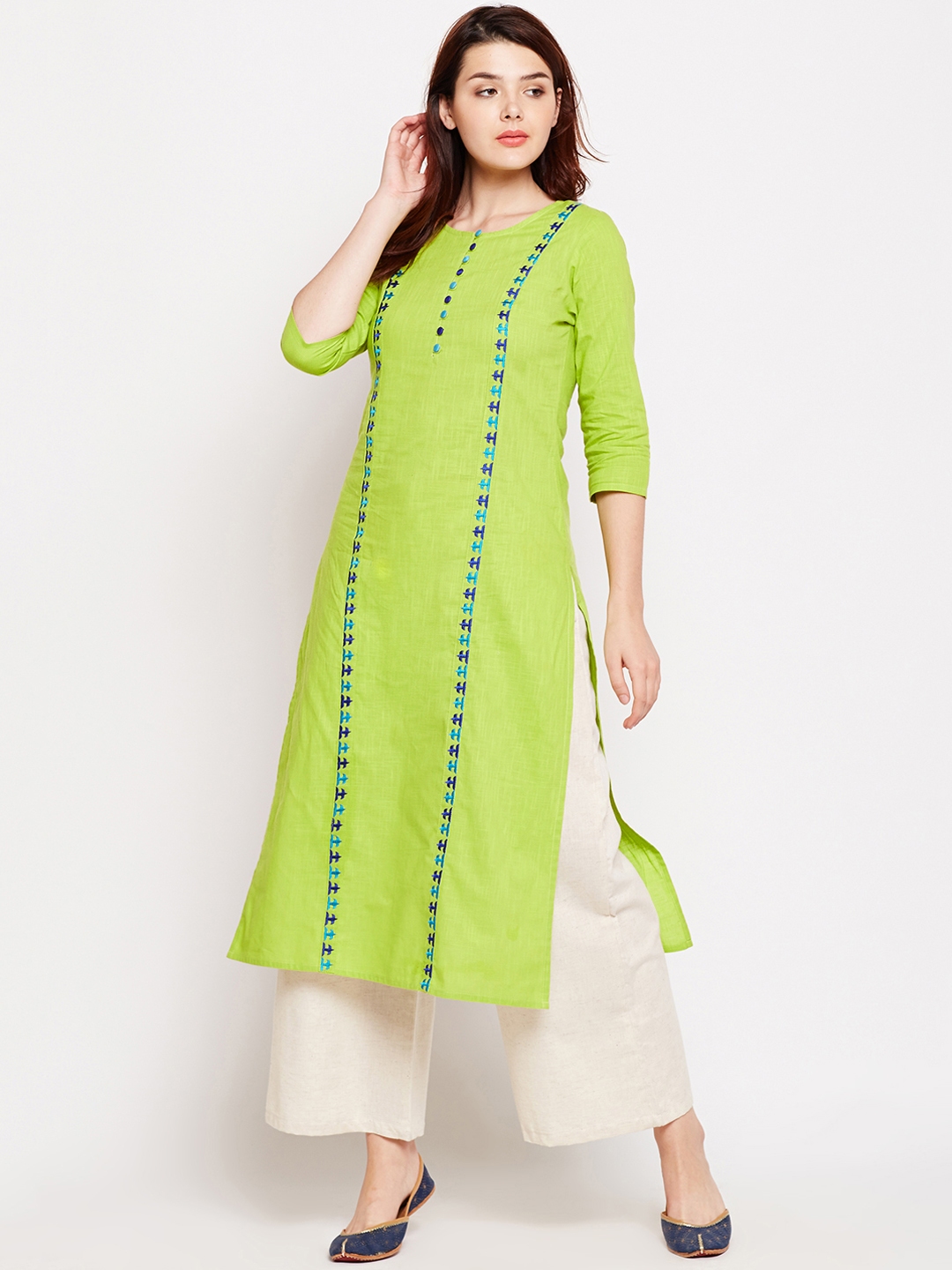 Buy Azira Women Lime Green Embroidered Straight Kurta - Kurtas for ...