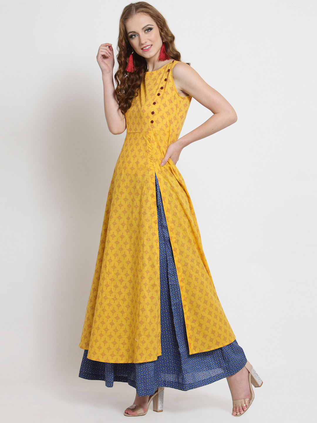 Buy Sera Women Yellow & Blue Printed Kurta With Skirt Kurta Sets for