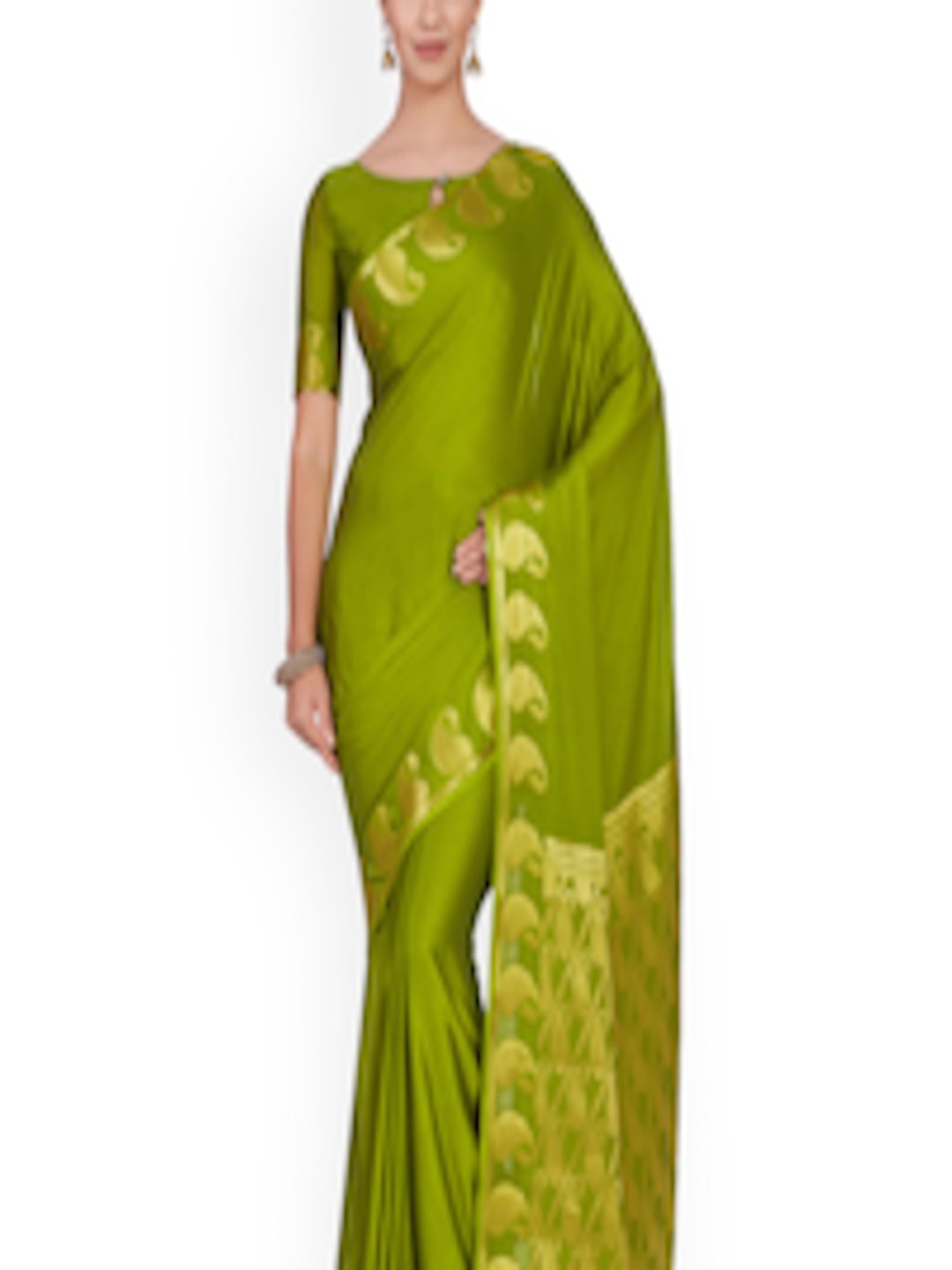 Buy MIMOSA Olive Green Poly Chiffon Solid Kanjeevaram Saree - Sarees ...