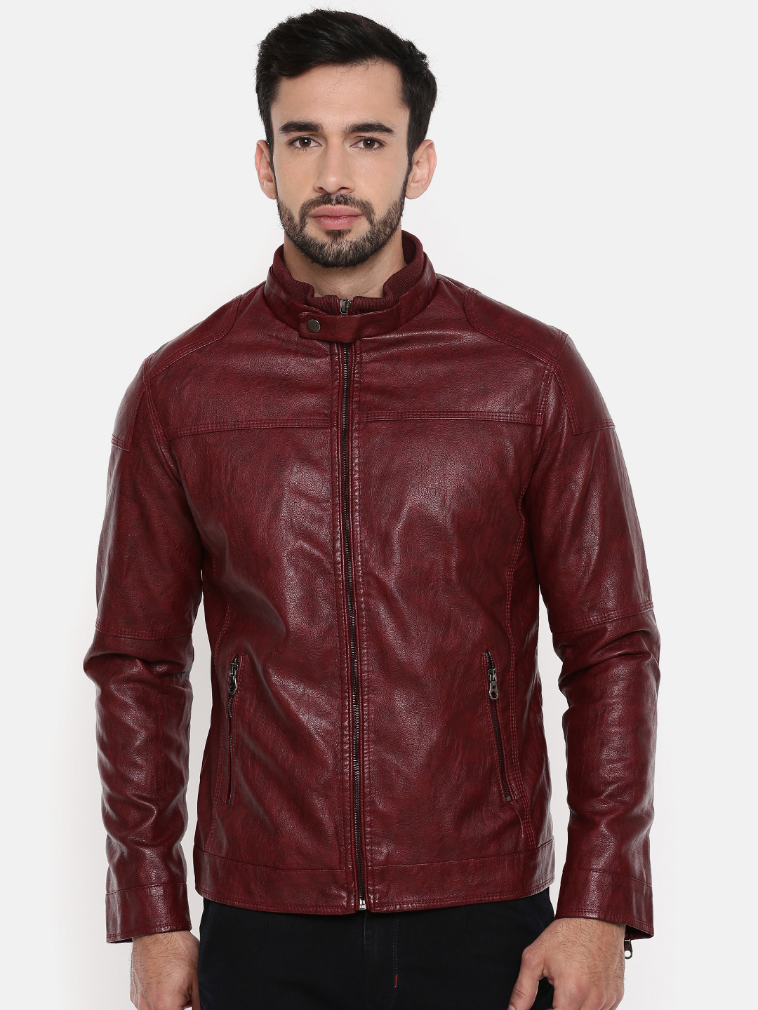 Buy The Indian Garage Co Men Red Solid Leather Jacket - Jackets for Men 7272169 | Myntra