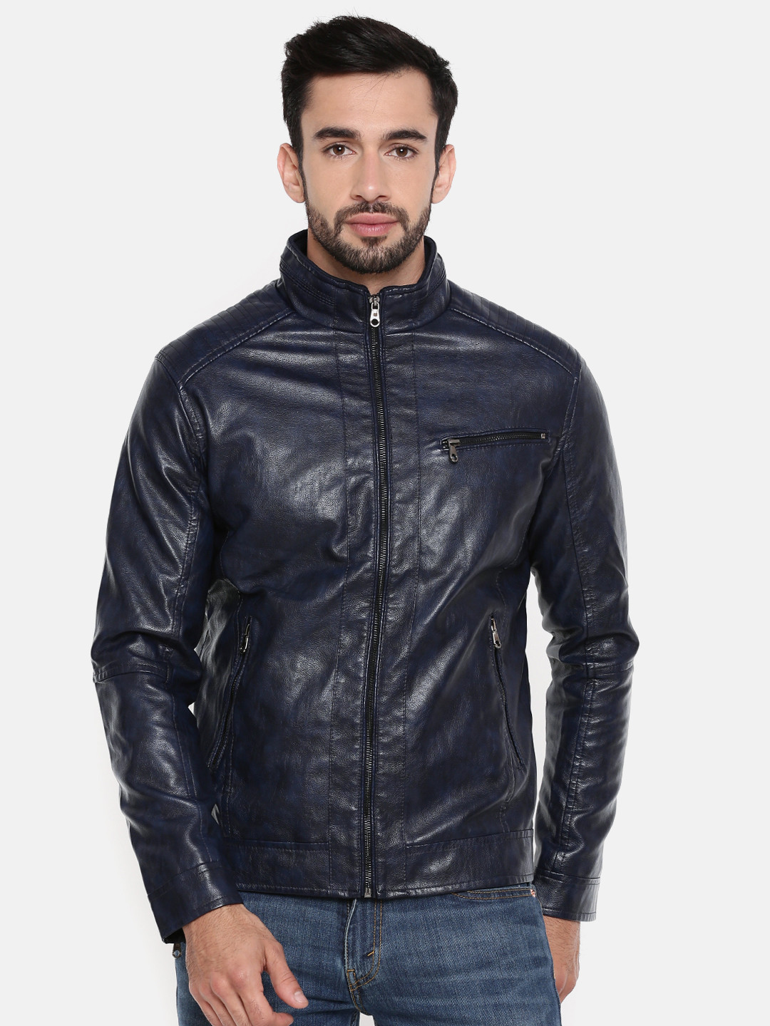 Buy The Indian Garage Co Men Navy Blue Solid Biker Jacket - Jackets for Men 7272178 | Myntra