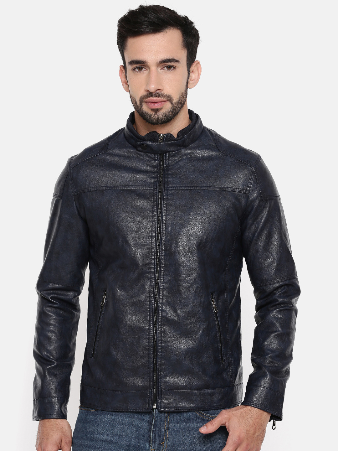 Buy The Indian Garage Co Men Navy Blue Solid Biker Jacket - Jackets for Men 7272197 | Myntra