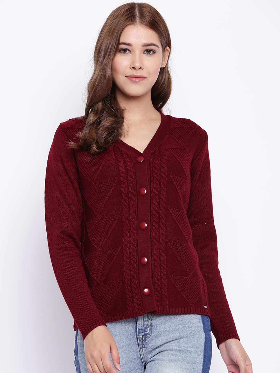 Buy Madame Women Maroon Self Design Cardigan - Sweaters for Women ...