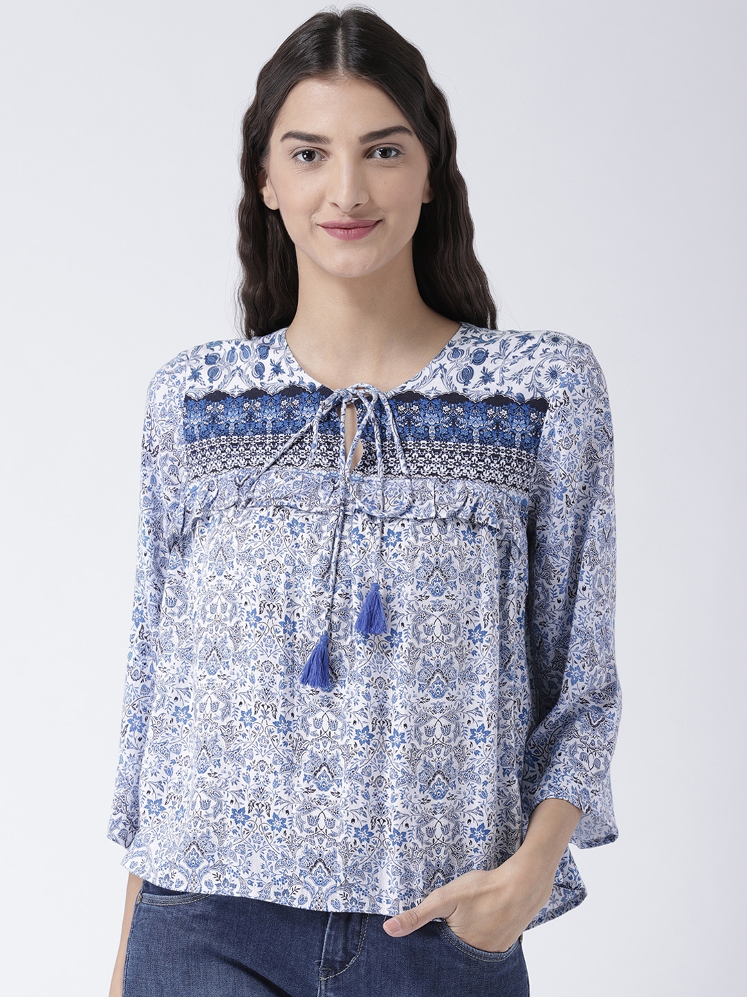 Buy Magzayra Women Blue Printed A Line Pure Cotton Top - Tops for Women ...