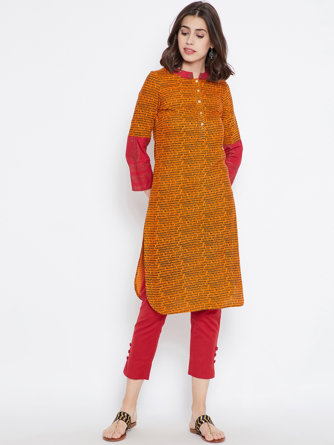 Buy Be Indi Women Mustard & Pink Printed Straight Kurta - Kurtas for ...