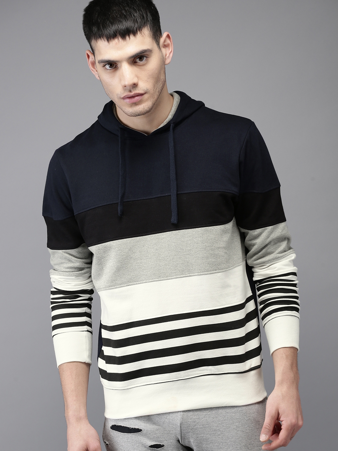 Buy Moda Rapido Men Navy Blue & White Striped Hooded Sweatshirt ...