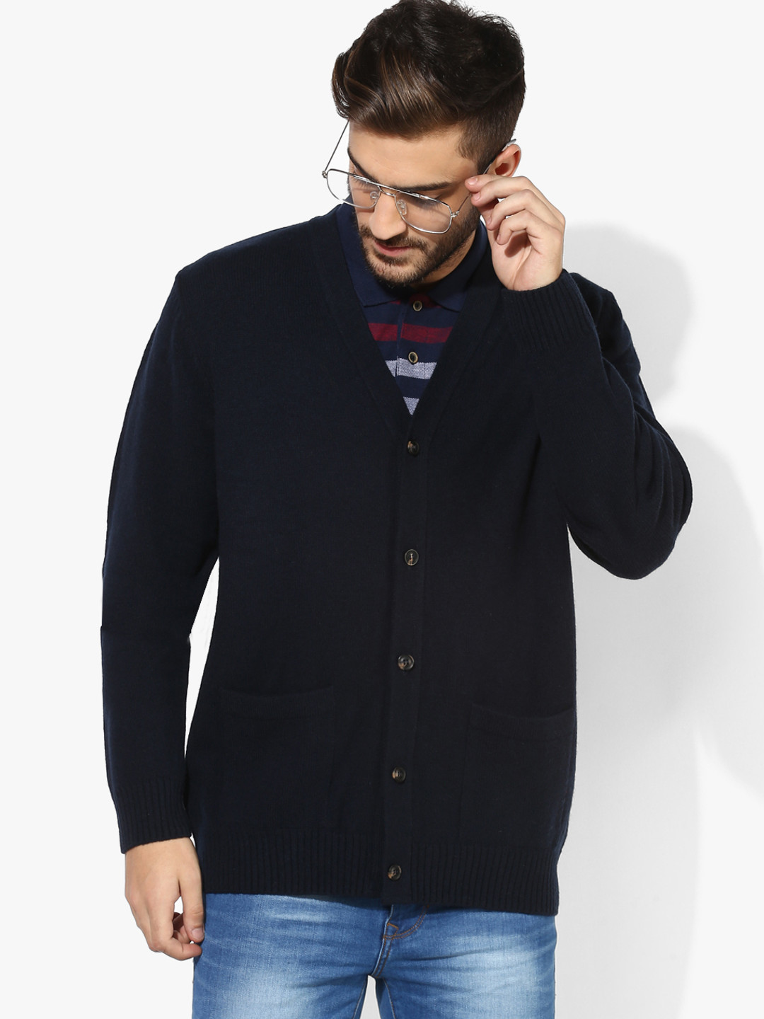 Buy Marks & Spencer Men Navy Solid Woollen V Neck Cardigan Sweaters