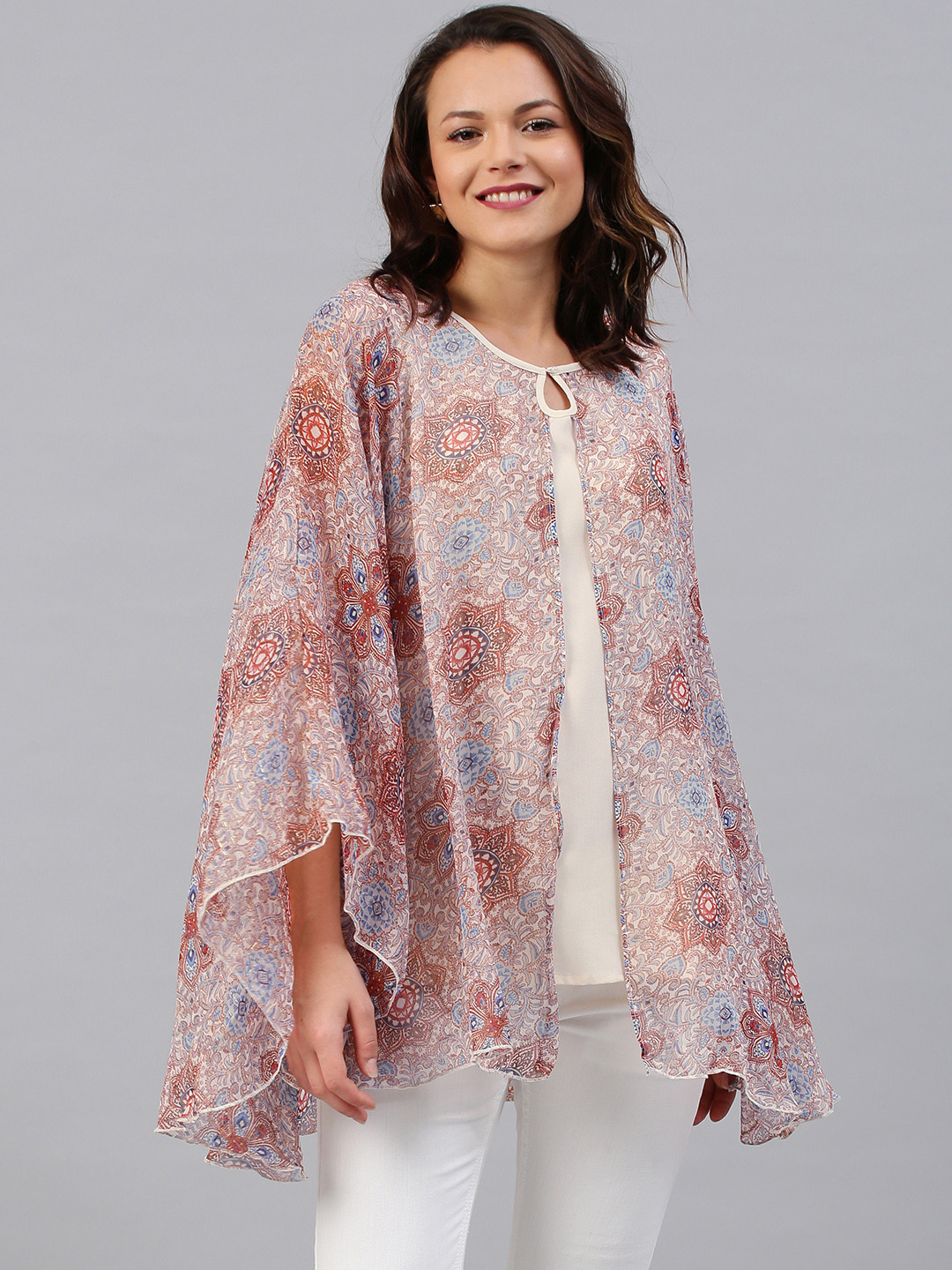 Buy Shree Brown & Cream Coloured Printed Cape Tunic - Tunics for Women ...