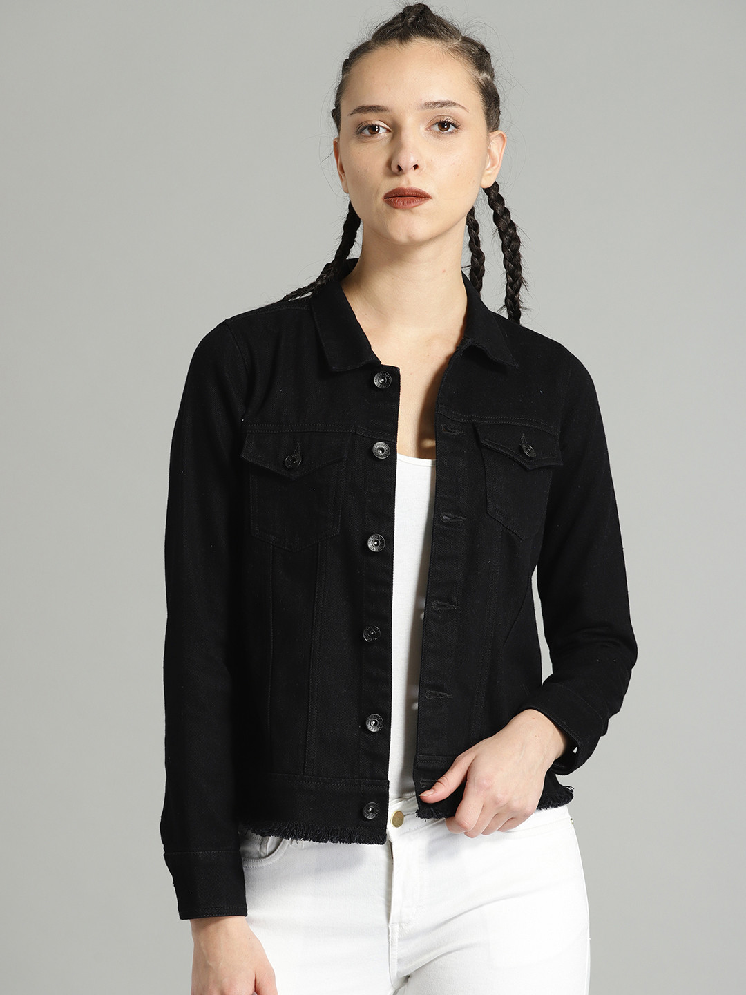 Buy Roadster Women Black Solid Denim Jacket Jackets for Women 7285991