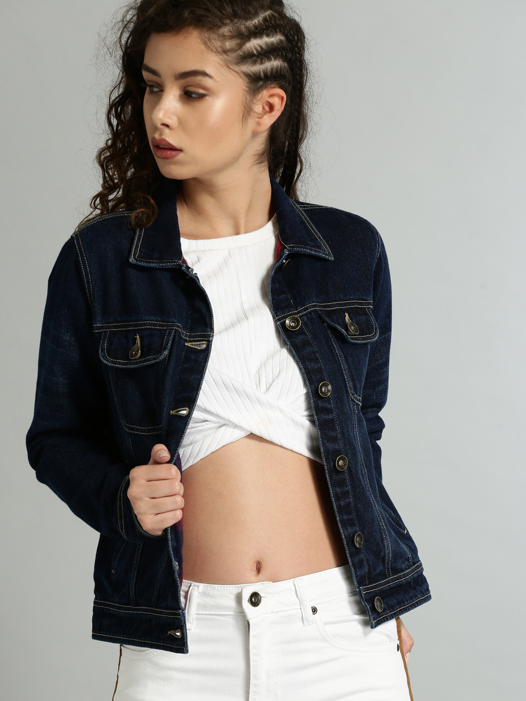 Buy Roadster Women Navy Blue Solid Denim Jacket Jackets for Women