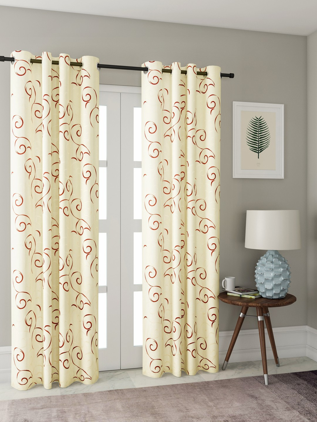 Buy Cortina Cream Coloured & Maroon Printed Set Of 2 Door Curtains