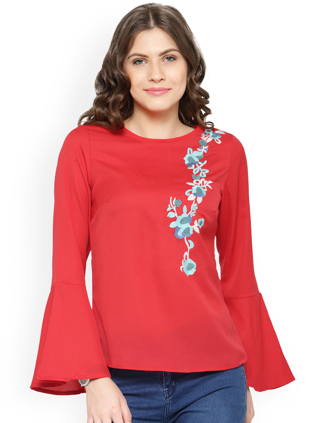 Women'S Red Embroidered Detail A-Line Top 2 main image 0