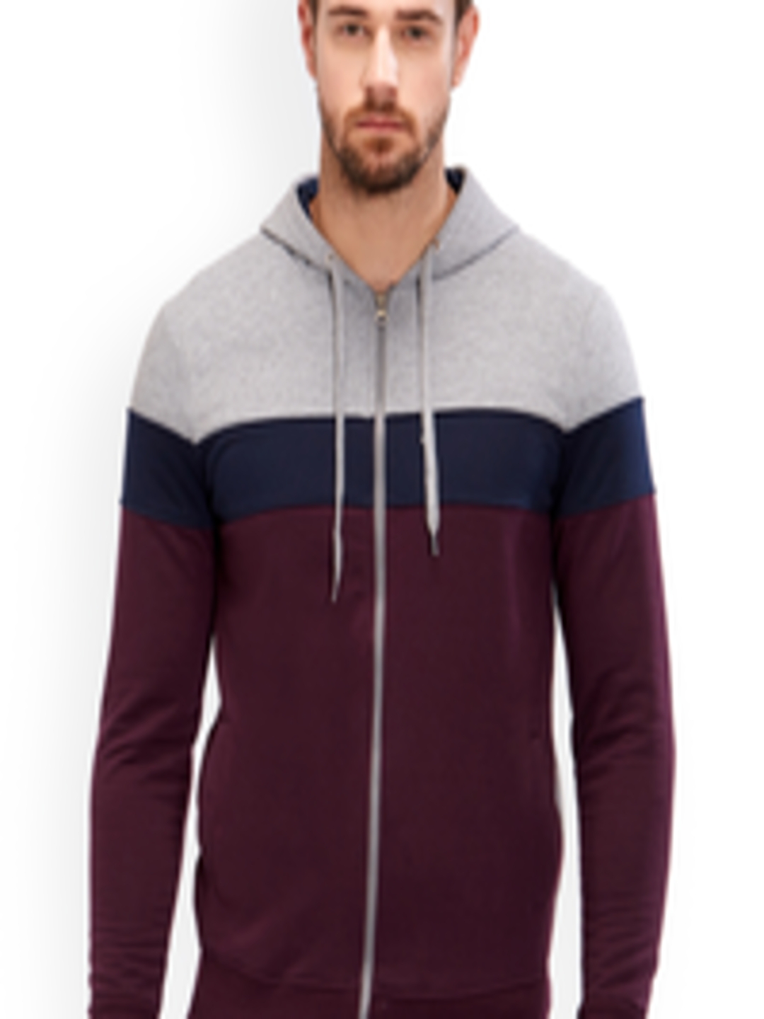 Buy Maniac Men Grey & Burgundy Colourblocked Hooded Sweatshirt ...