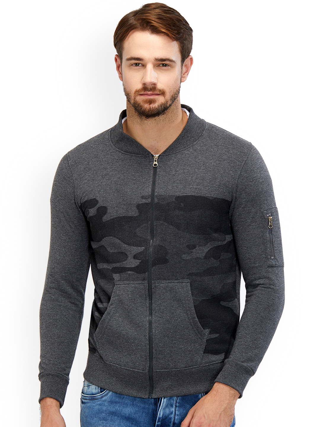 Grey Camouflage Print Men's Bomber Jacket
