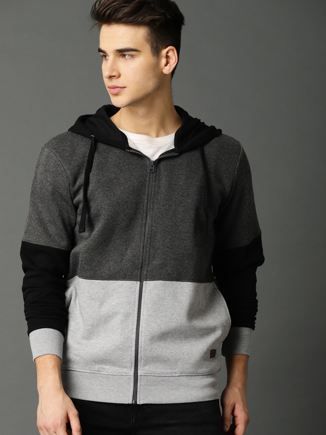 Buy Roadster Men Grey Colourblocked Hooded Sweatshirt Sweatshirts for