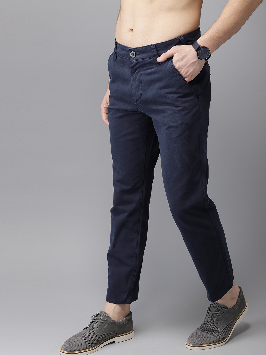 Buy HERE&NOW Men Navy Blue Slim Fit Solid Cropped Chinos - Trousers for ...