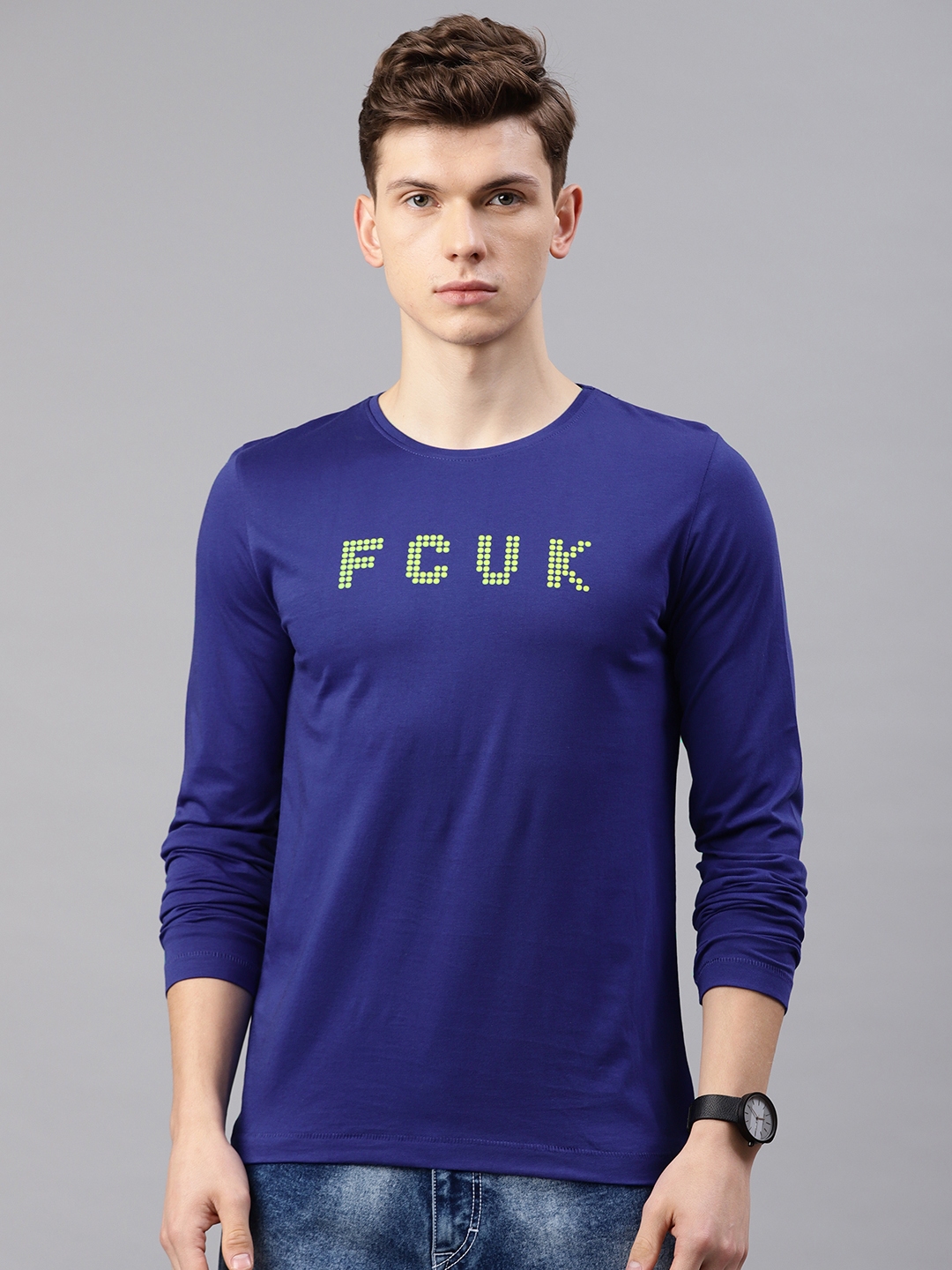 Buy French Connection Men Blue Solid Round Neck Pure Cotton T Shirt ...