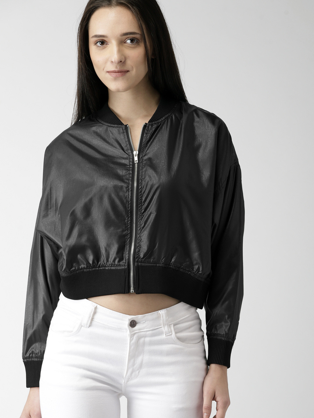 Buy FOREVER 21 Women Black Solid Cropped Bomber Jacket Jackets for