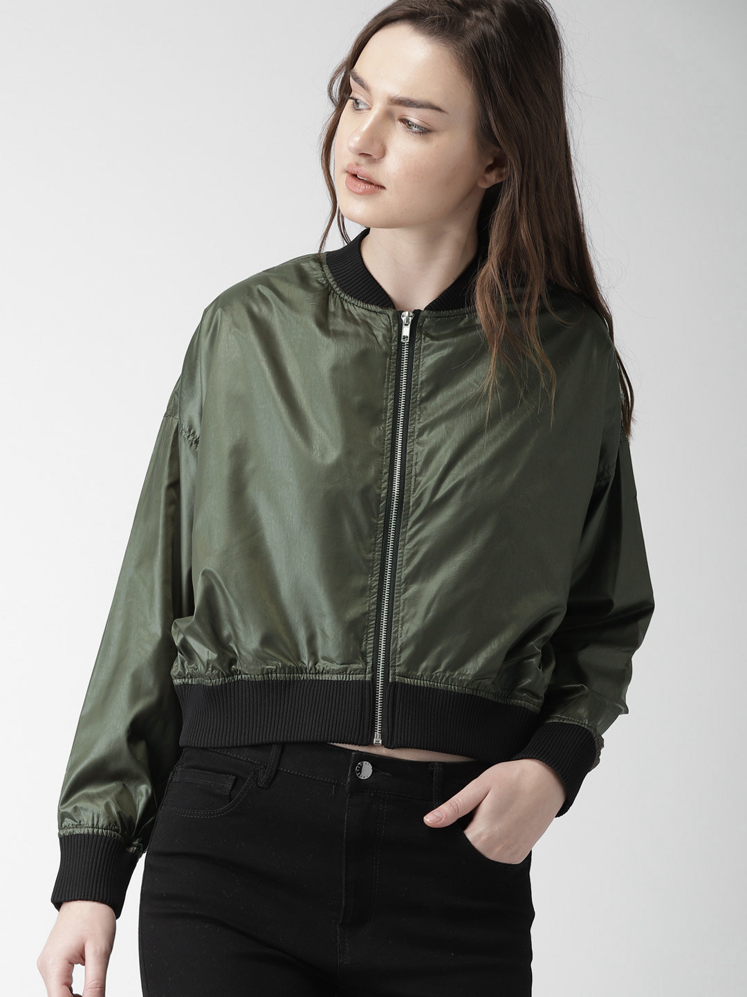 Buy FOREVER 21 Women Olive Green Solid Cropped Bomber Jacket Jackets
