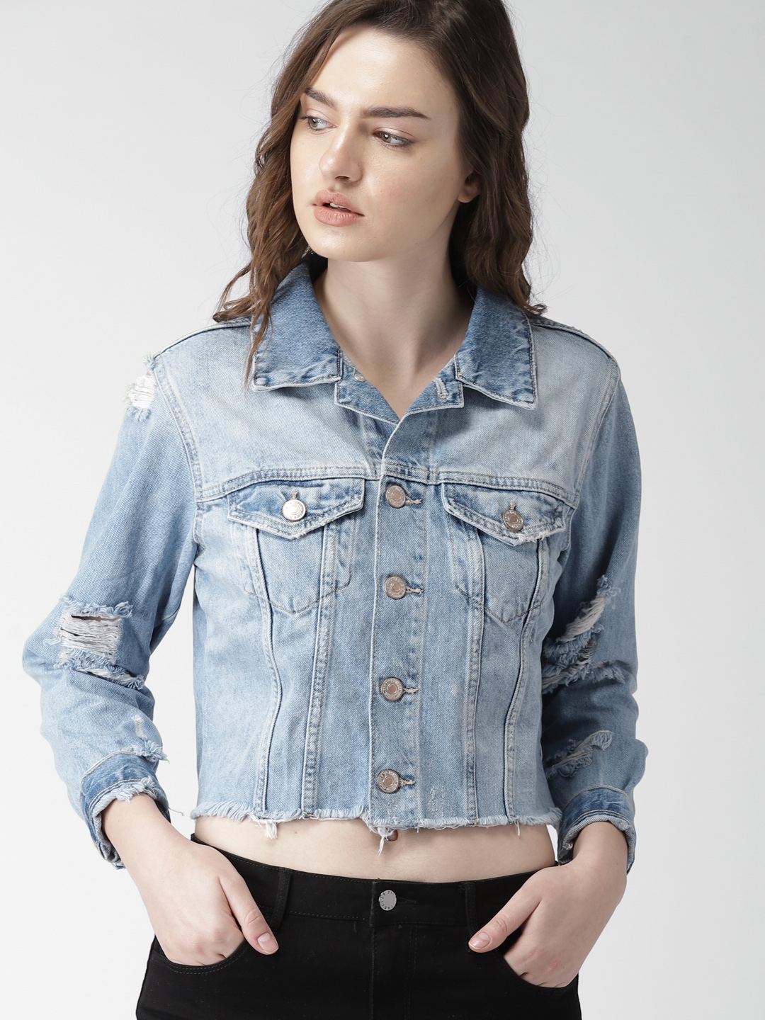 Buy FOREVER 21 Women Blue Solid Denim Cropped Jacket - Jackets for ...