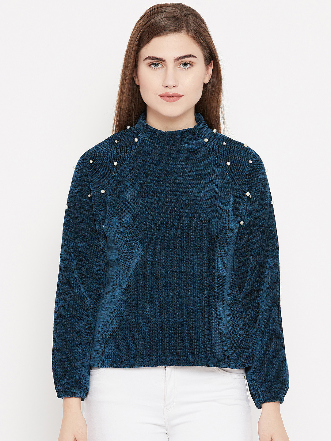 Buy Madame Women Teal Blue Solid Velvet Finish Pullover Sweaters for