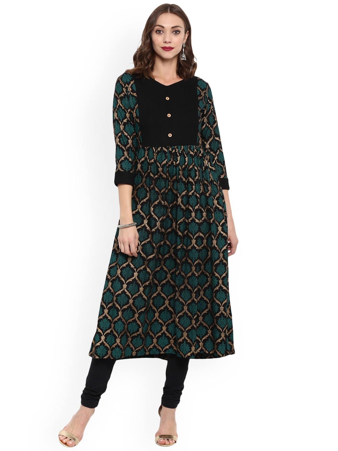 Buy Fashion String Women Green & Black Printed Anarkali Kurta - Kurtas ...