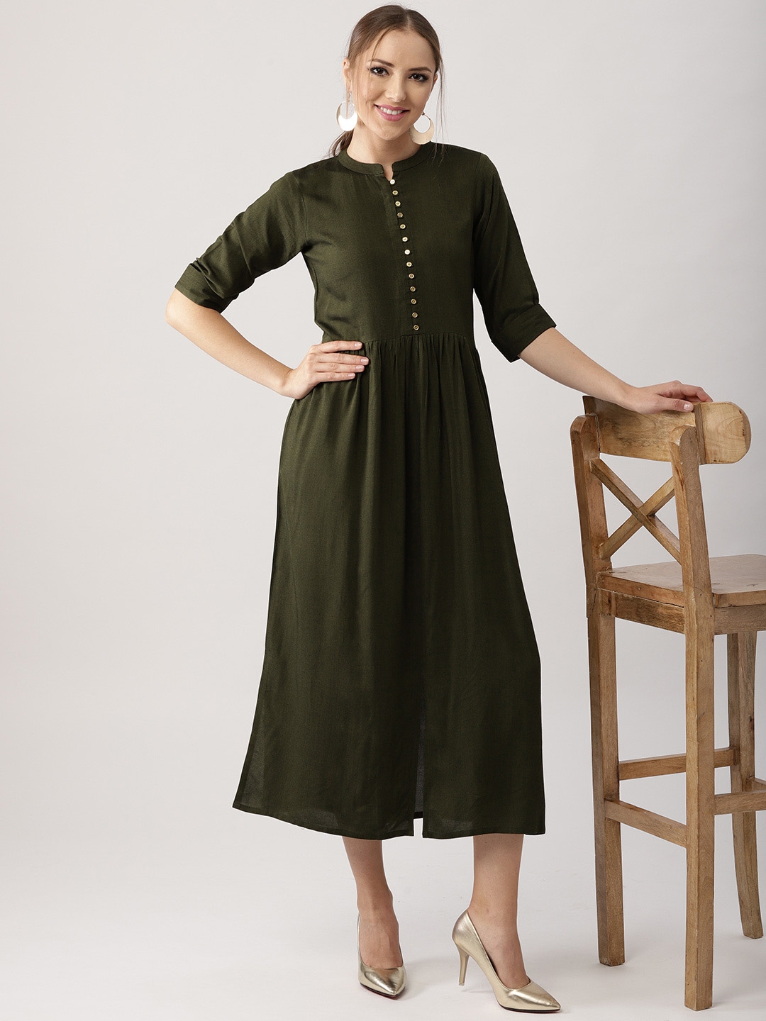 Buy Libas Women Olive Green Solid A Line Dress - Dresses for Women ...