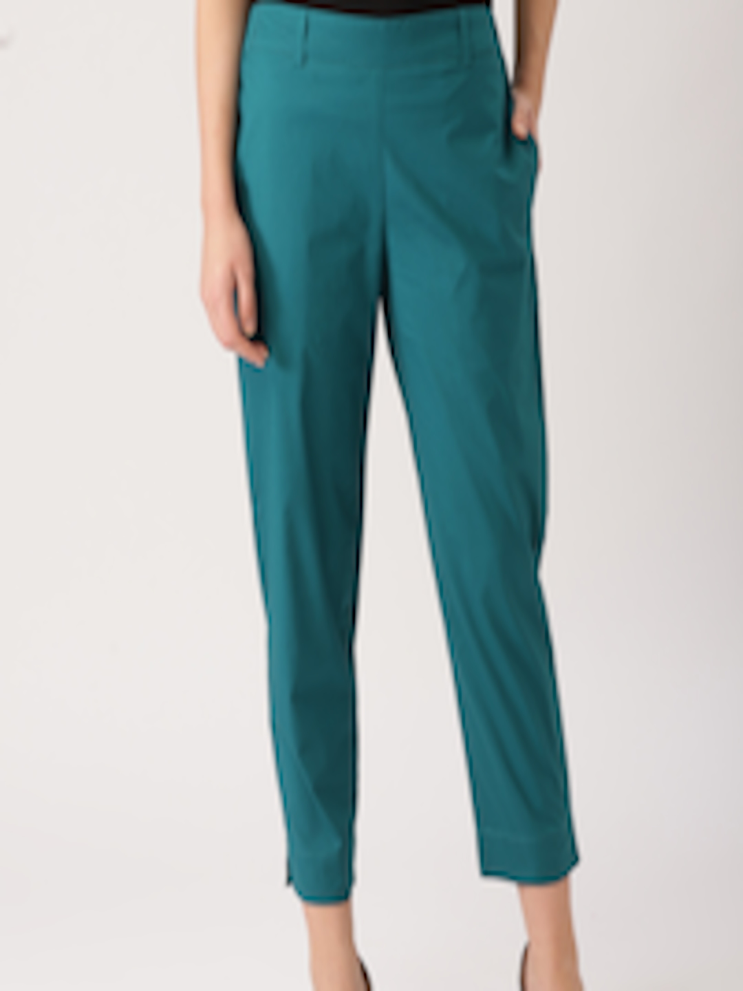 Buy Libas Women Teal Blue Straight Fit Solid Regular Cropped Trousers ...