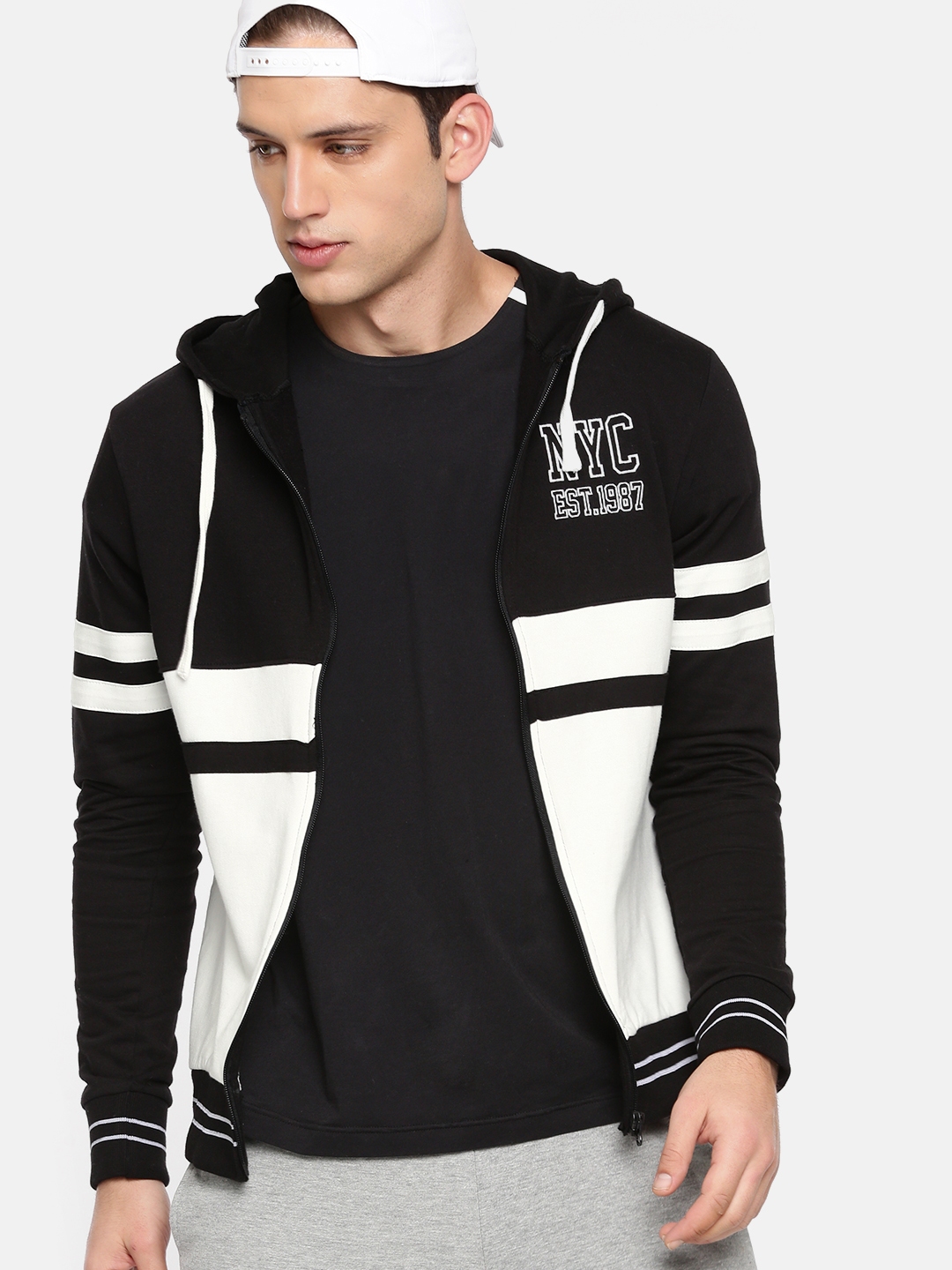 Buy HERE&NOW Men White & Black Colourblocked Hooded Sweatshirt ...