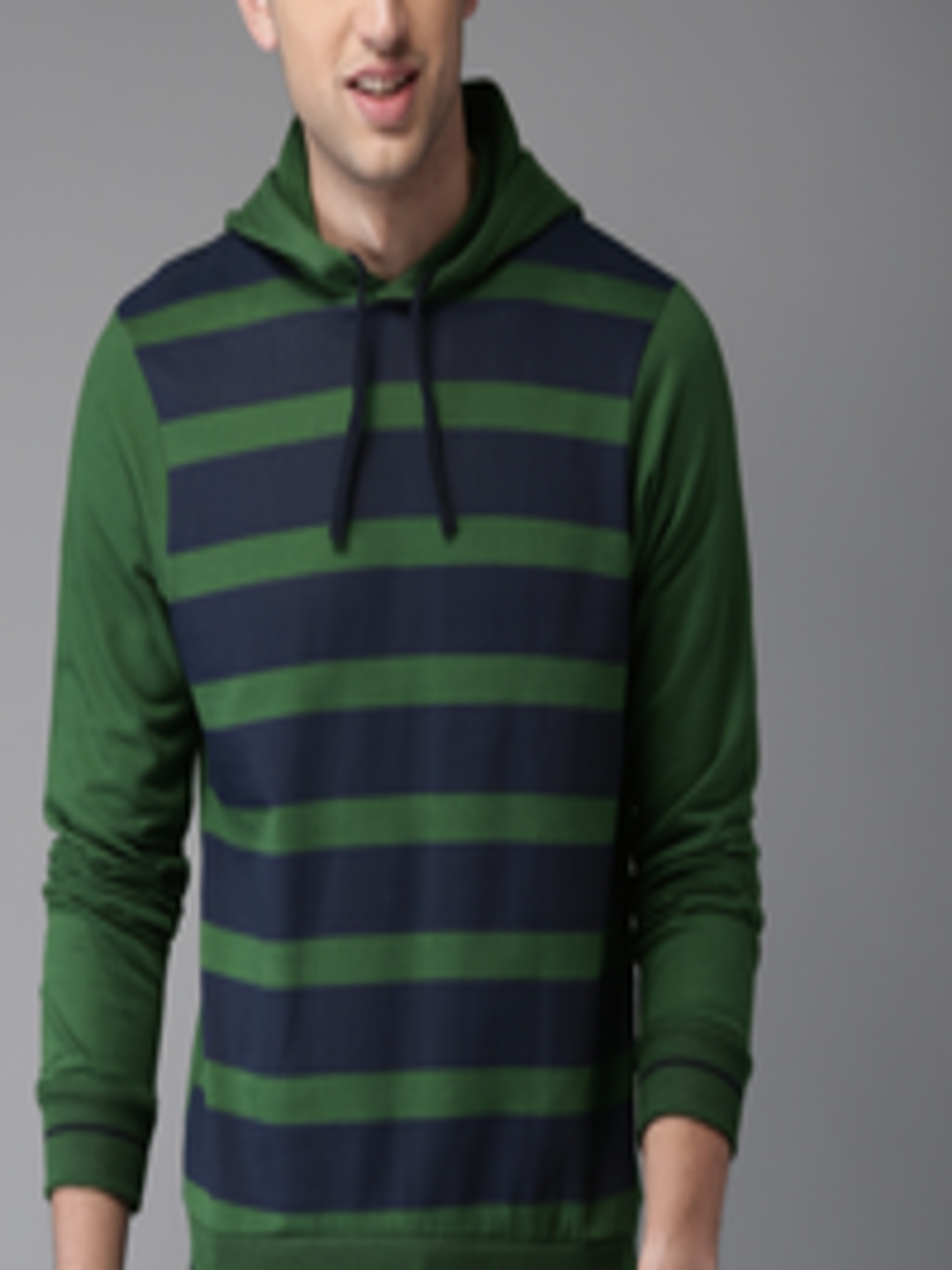 Buy HERE&NOW Men Green & Navy Blue Striped Hooded Sweatshirt ...