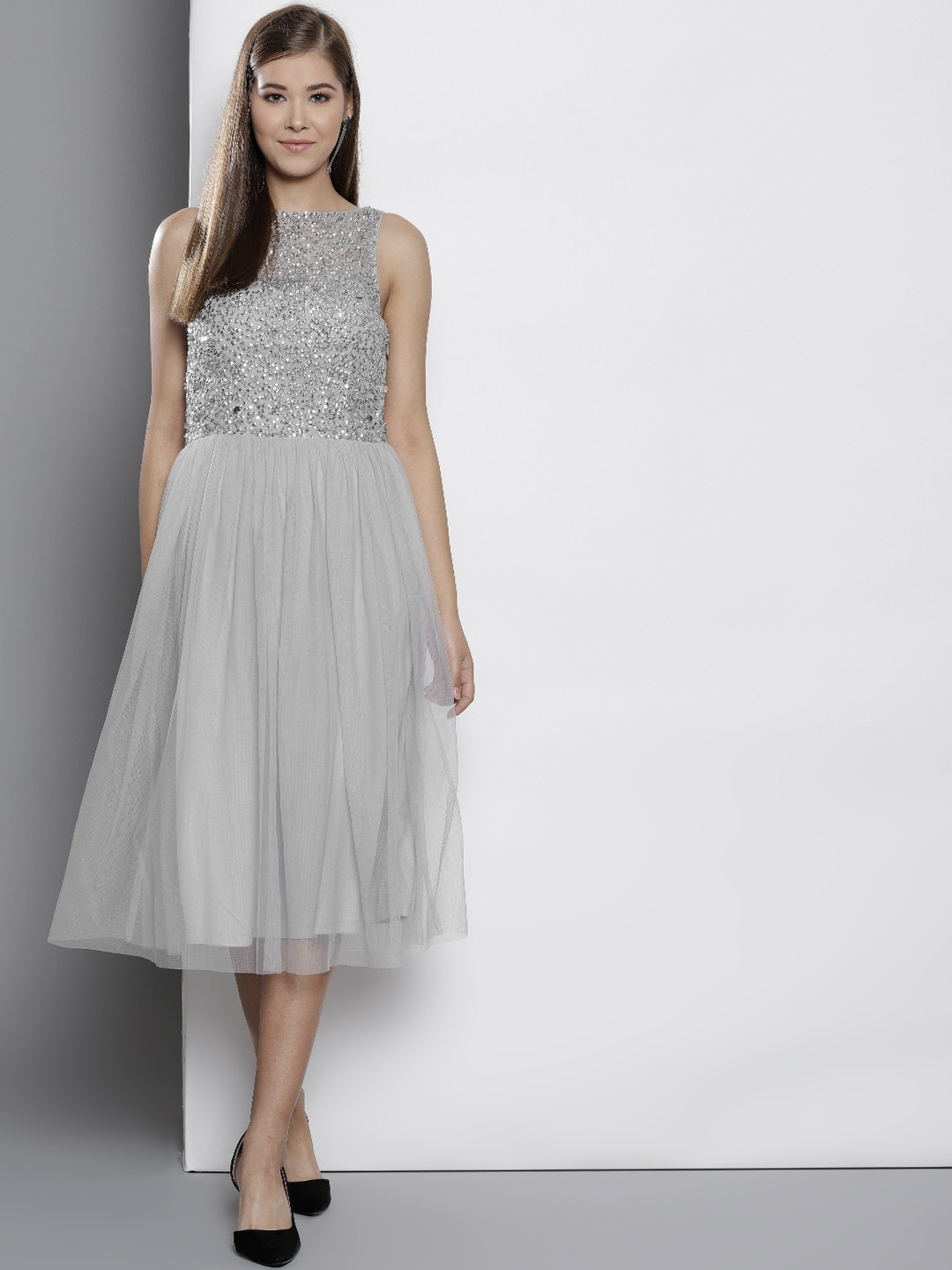 Buy DOROTHY PERKINS Women Grey Sequinned Fit And Flare Dress Dresses