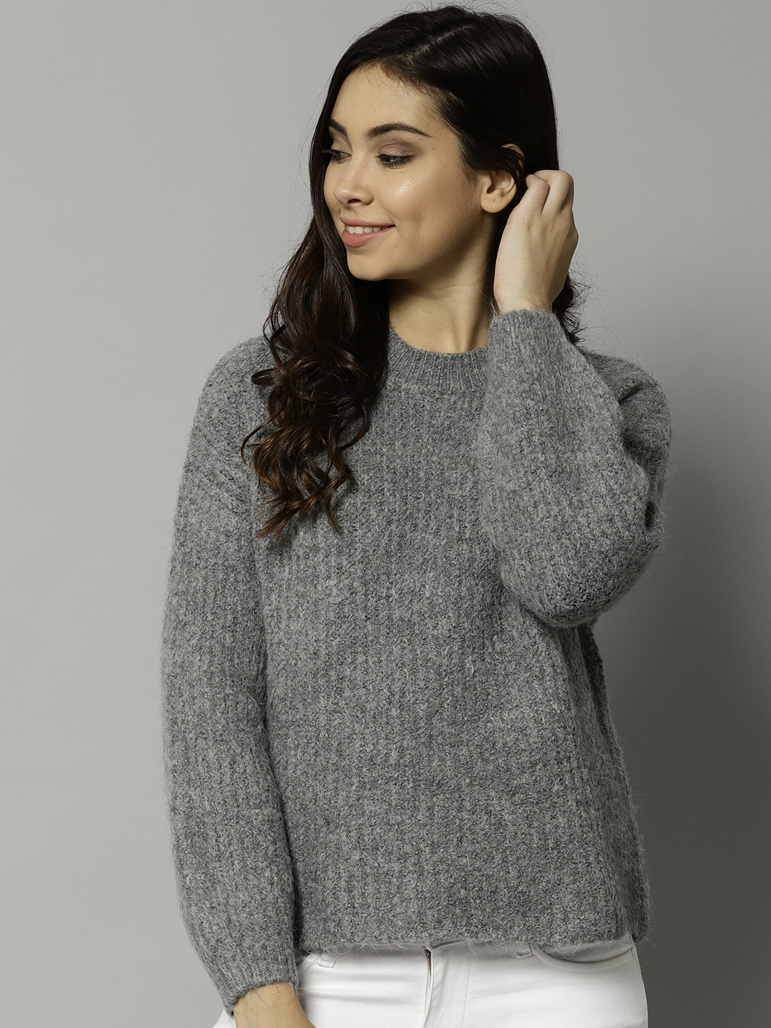 Buy Marks & Spencer Women Grey Melange Solid Pullover Sweaters for