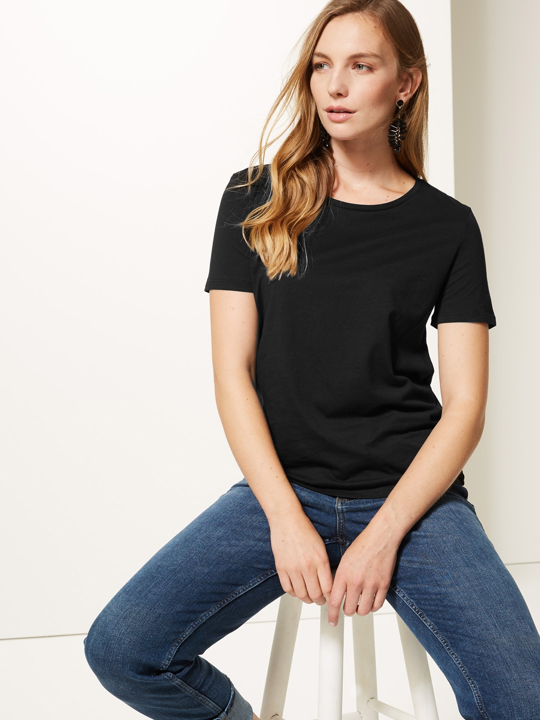 Buy Marks Spencer Women Black Solid Round Neck Pure Cotton T Shirt ...