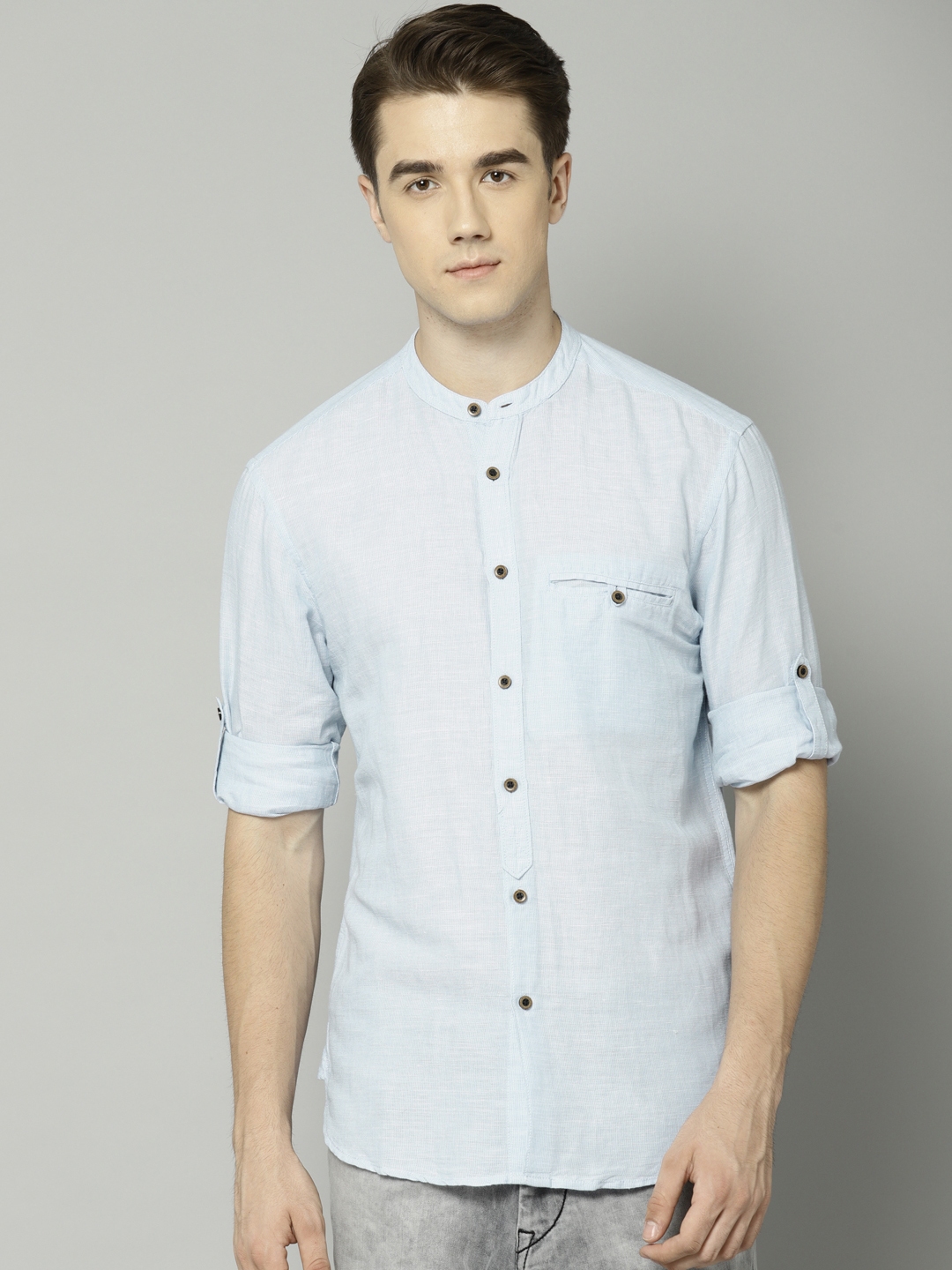 Buy Marks & Spencer Men Blue Regular Fit Self Design Linen Casual Shirt ...