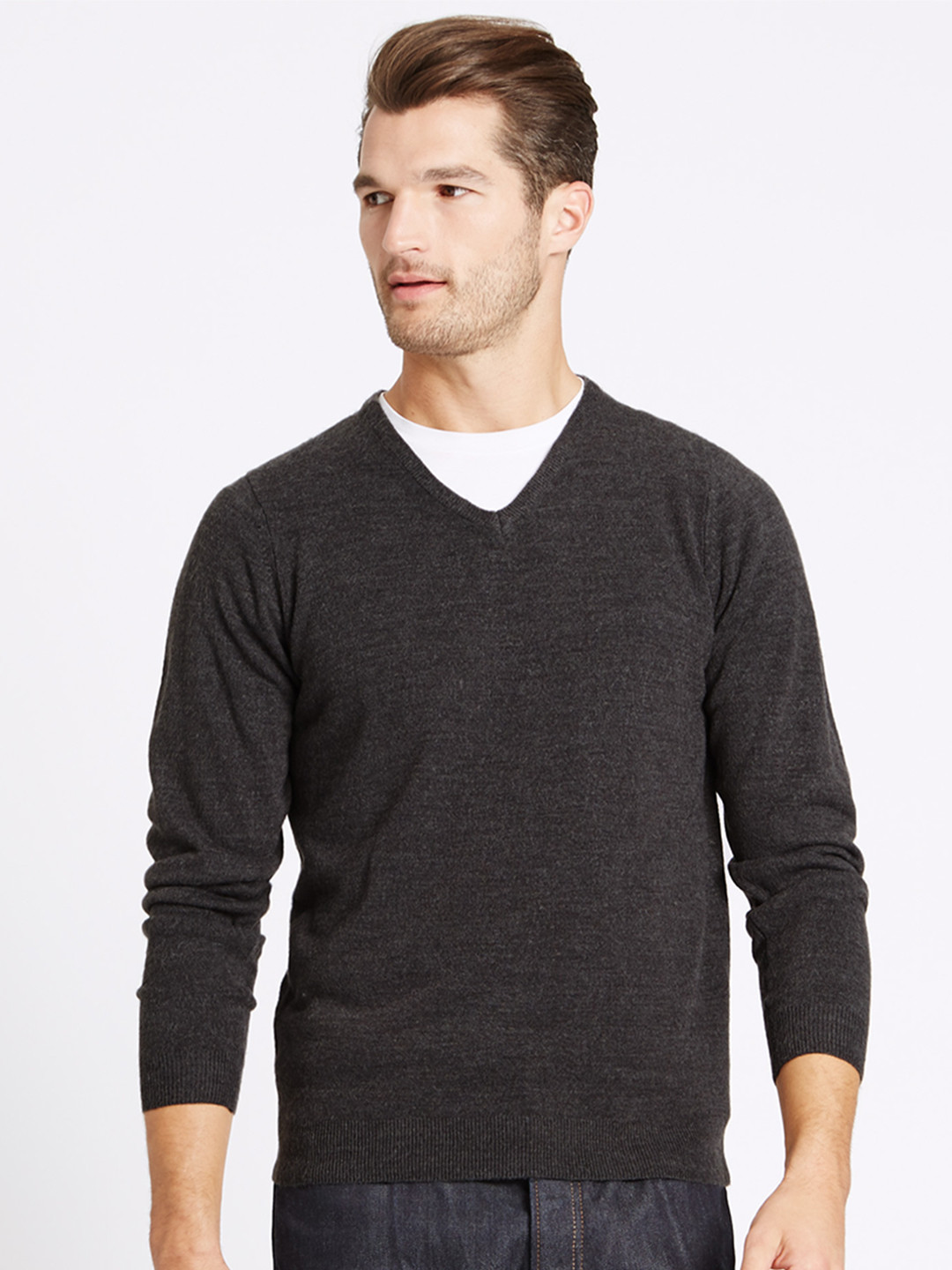 Buy Marks & Spencer Men Charcoal Grey Solid Pullover Sweaters for Men