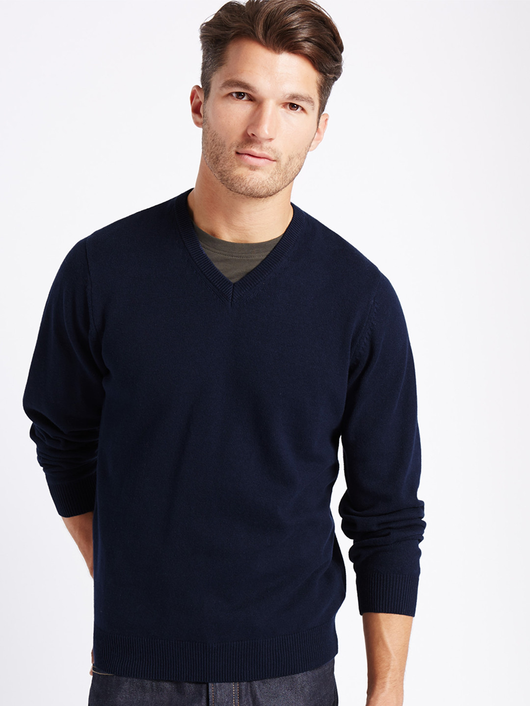 Buy Marks & Spencer Men Navy Blue Solid Pullover Sweaters for Men
