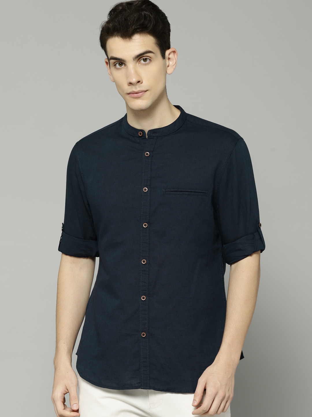 Buy Marks & Spencer Men Navy Blue Slim Fit Solid Linen Casual Shirt ...