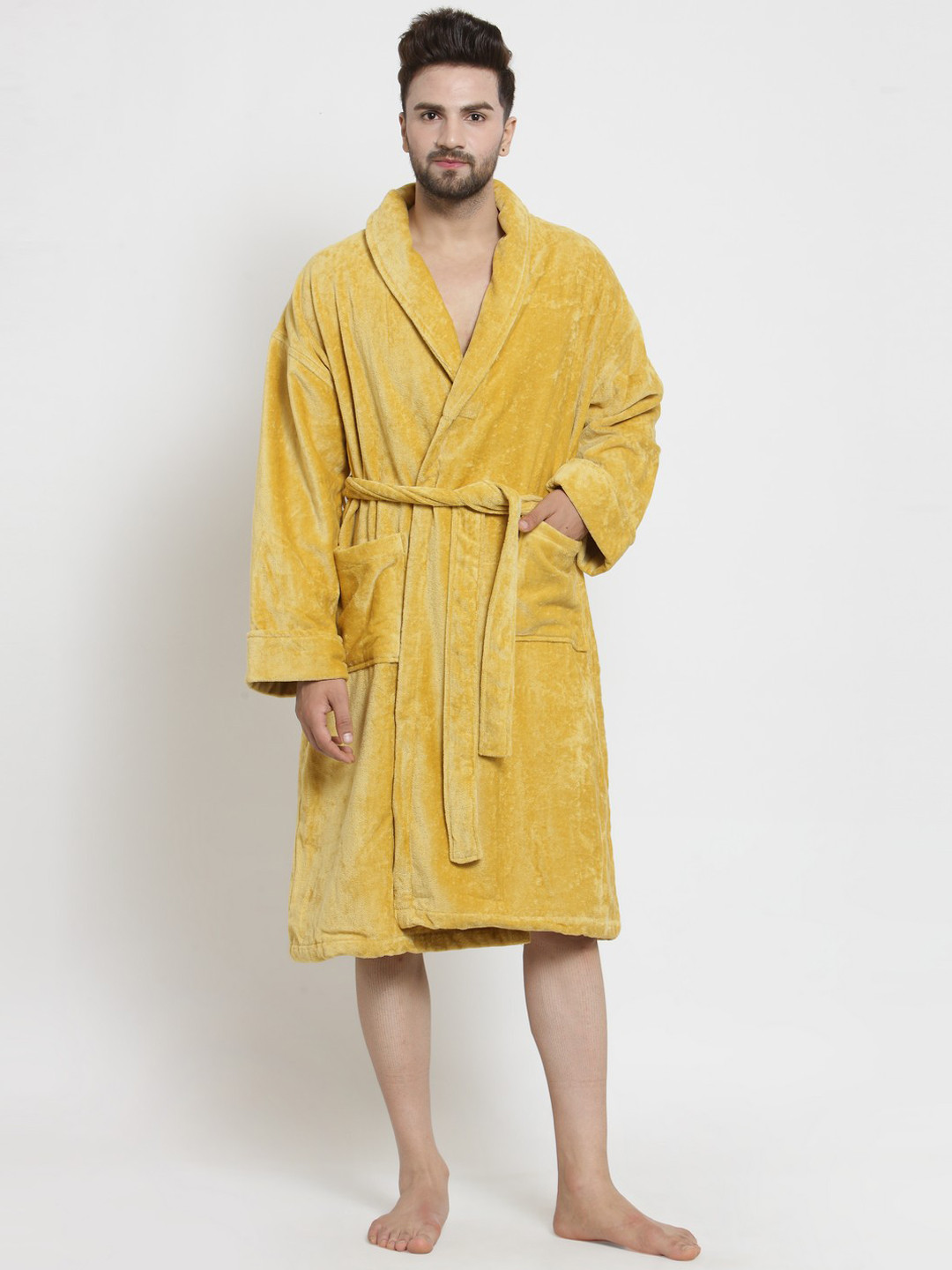 Buy Trident Men Golden Coloured Solid Bathrobe Bath Robe for Men