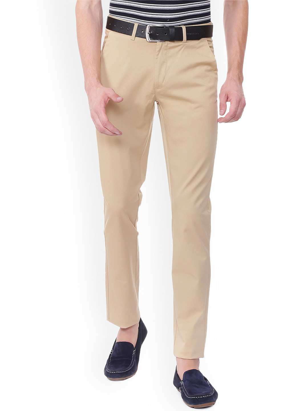 Buy Peter England Men Khaki Slim Fit Solid Regular Trousers Trousers
