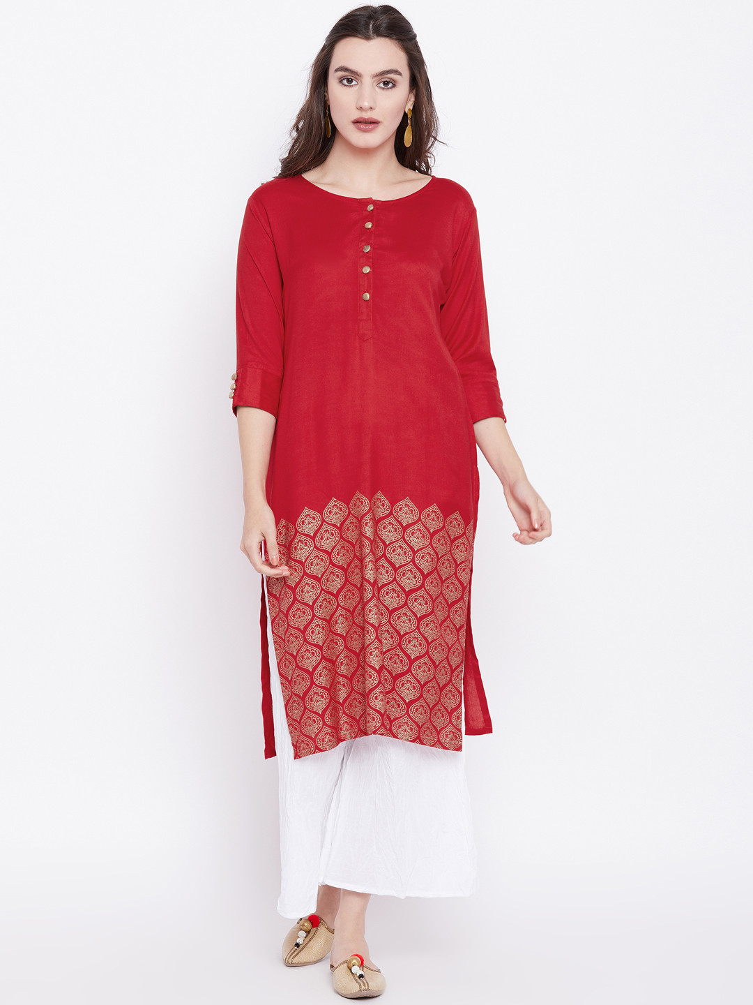 Women'S Red & White Solid Kurta With Palazzos