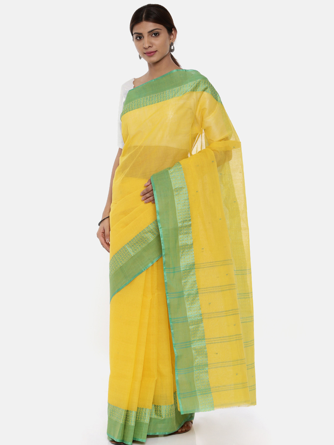 Buy The Chennai Silks Yellow Pure Cotton Woven Design Taant Saree
