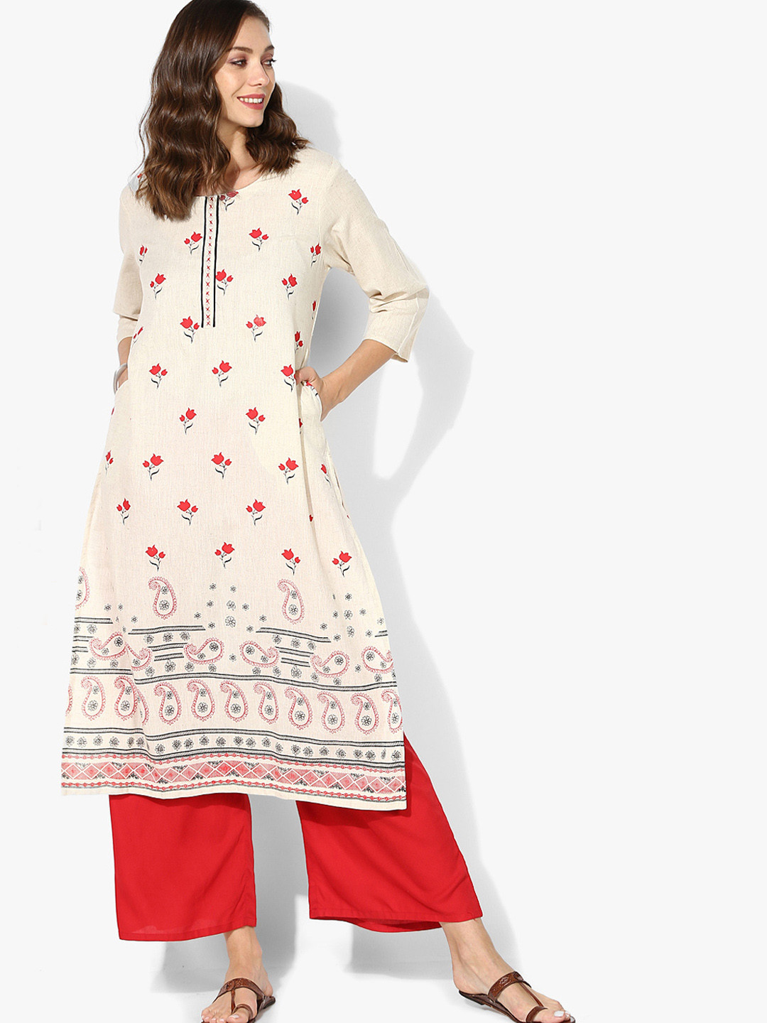 Buy Sangria Beige Printed Round Neck Straight Fit Kurta With 3/4Th Sleeves Kurtas for Women