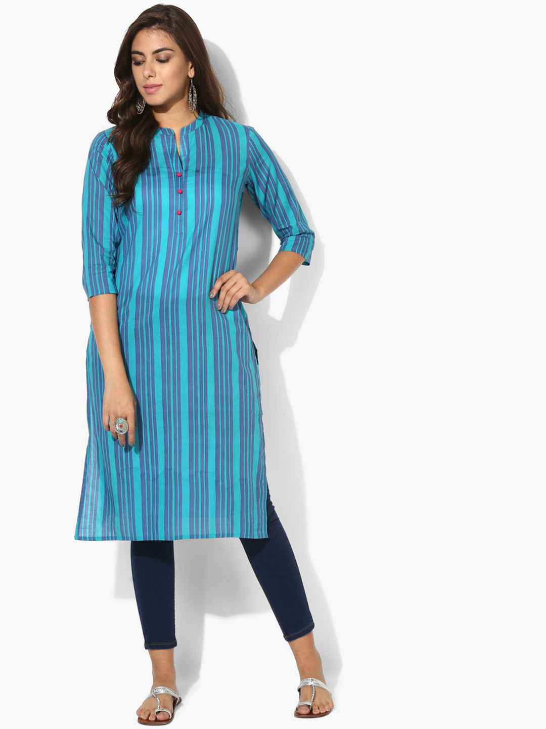 Buy Sangria Women Turquoise Blue Striped Straight Kurta Kurtas for