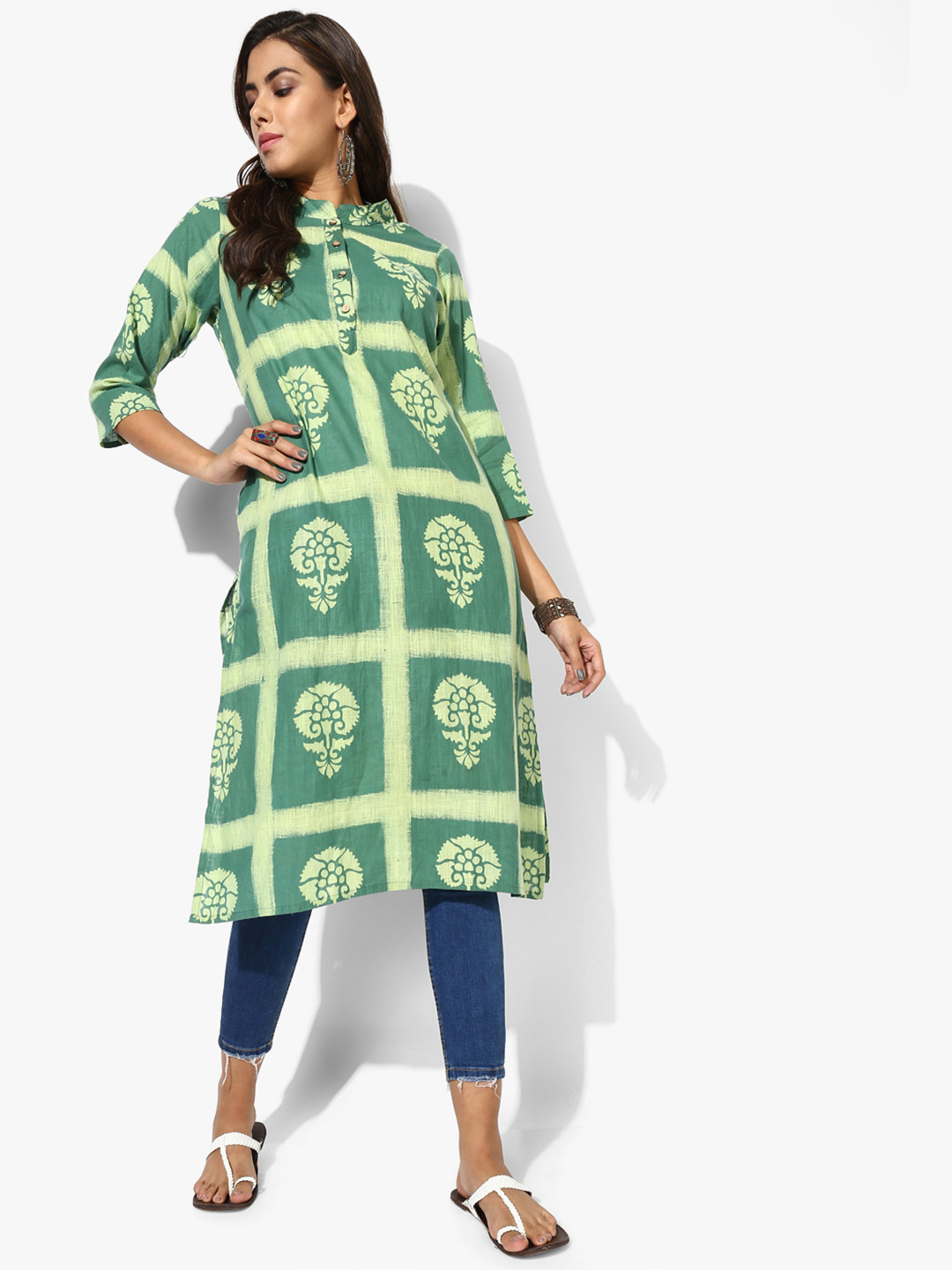 Buy Sangira Green & White Floral Printed Band Collar Kurta Kurtas for Women 7330150 Myntra