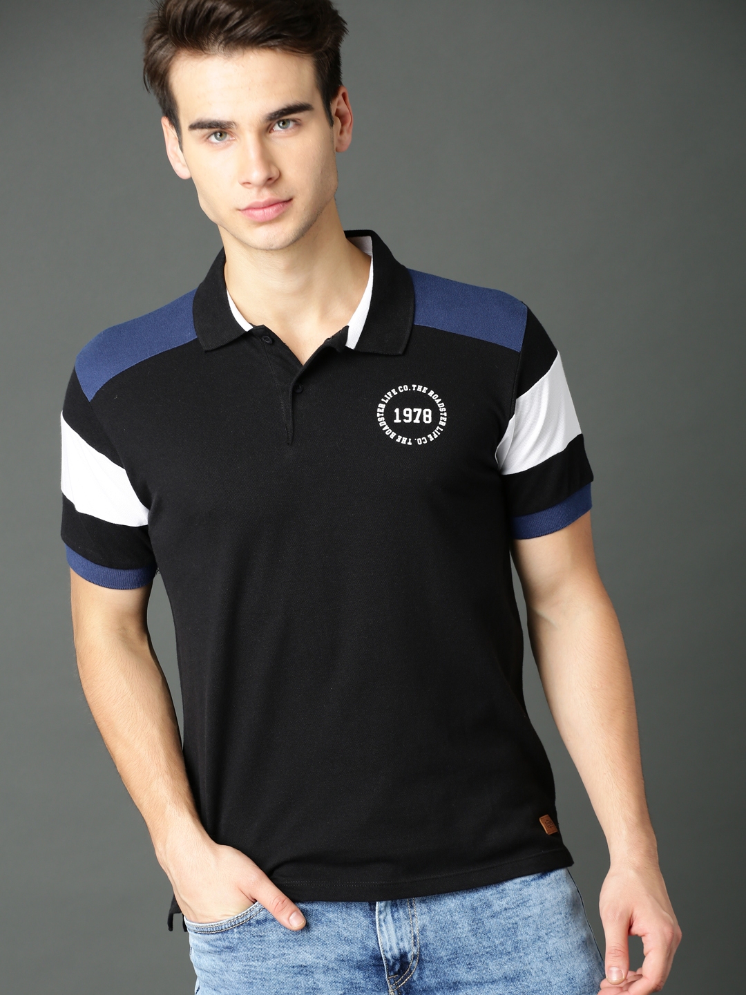 Buy Roadster Men Black Polo Collar Pure Cotton T Shirt - Tshirts for 