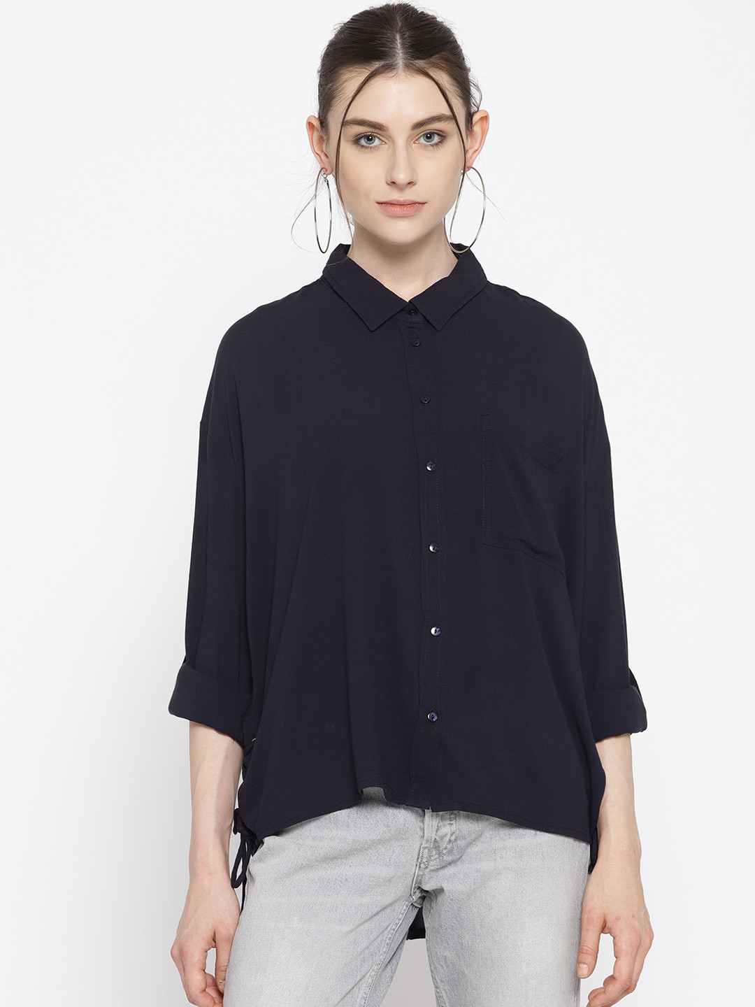 Buy ONLY Women Navy Blue Regular Fit Solid Casual Shirt - Shirts for ...